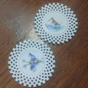 1950's Westmoreland Milk Glass Lattice Edge Birds 10 5/8" Decorative Plates (2)